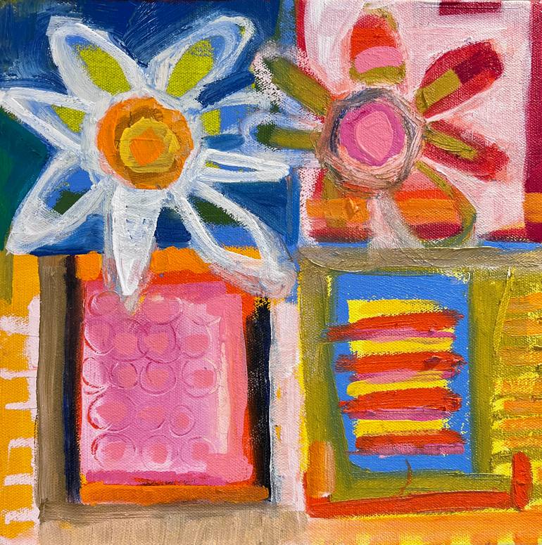 Original Floral Mixed Media by Jenny Odom | Pop Art Art on Canvas | Two little vases in the window
