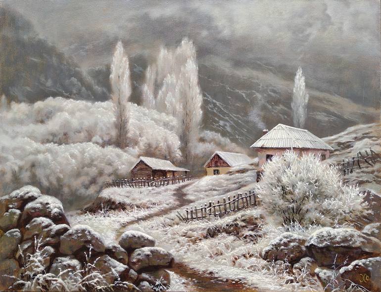 Winter In The Mountain Village Painting By Oleg Khoroshilov Saatchi Art