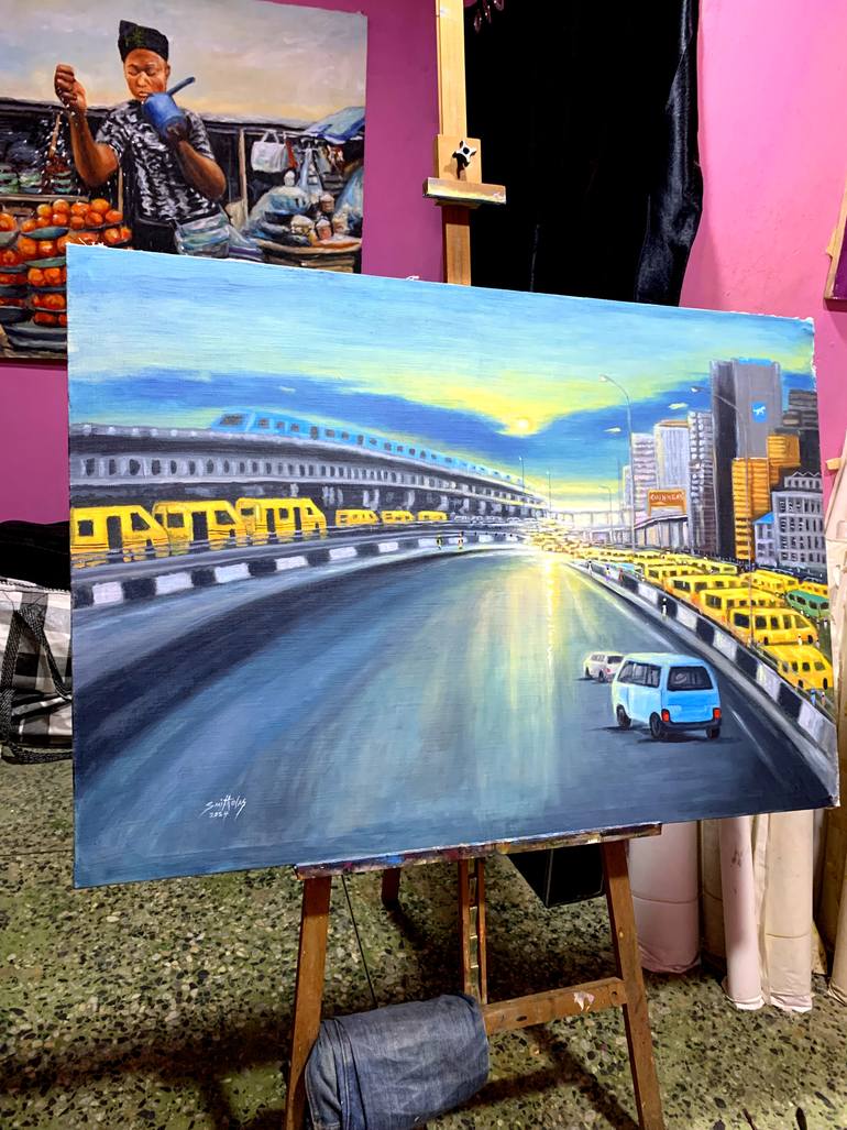 Original Art Deco Landscape Painting by Smith Olaoluwa