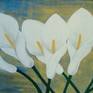 This painting is simple and modern at the same time.
I cut these calla lilies from my garden, arranged them and then painted them in my studio. I painted this floral still life with acrylic paint on canvas .There is a lot of movement and texture in the acrylic paint using palette knife. Flowers that never fade, what more could you ask for? 
Making fortunate discoveries by accident is called "Serendipity".