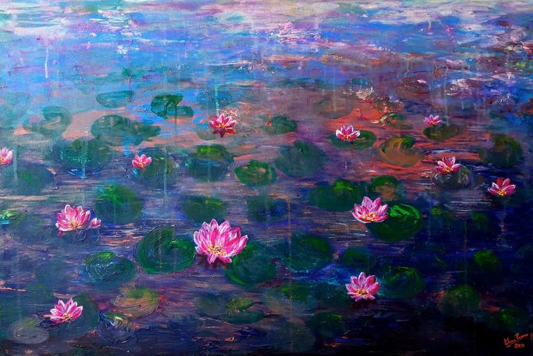 Pink Water Lilies In A Twilight Painting By Elena Parau Saatchi Art