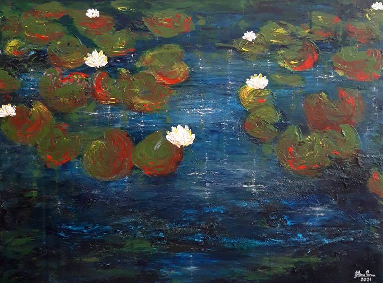 Water lilies in a pond Painting by Elena Parau | Saatchi Art