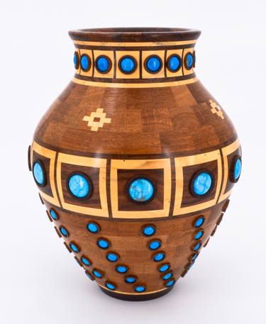 Segmented Wooden Bowl with Stone Inlay (Turquoise-blue Howlite). thumb