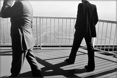 Vintage gelatin silver print. Triptych: World Trade Center, Roof Top #2 [two men in suits] 1975 thumb