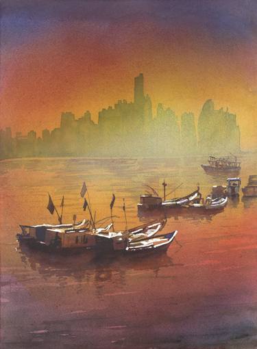 Panama City skyline watercolor painting Mirador Amador sunrise thumb