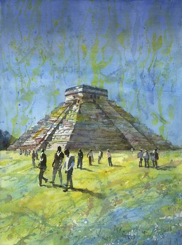 Colorful watercolor Chichen Itza landscape painting thumb