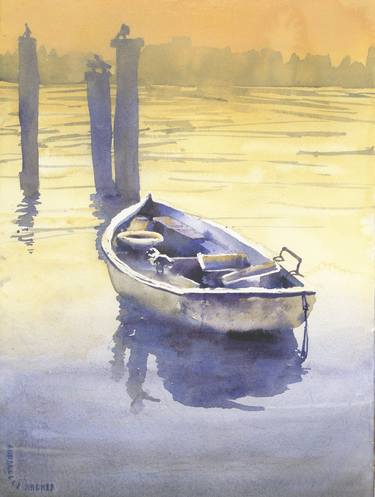 Watercolor painting boat Lake Garda Italian decor travel thumb