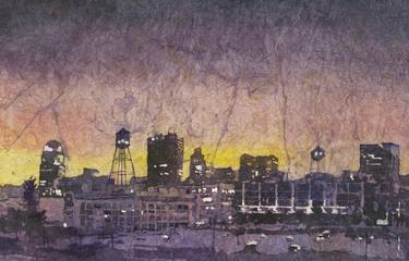 Colorful watercolor Winston-Salem skyline NC batik art thumb