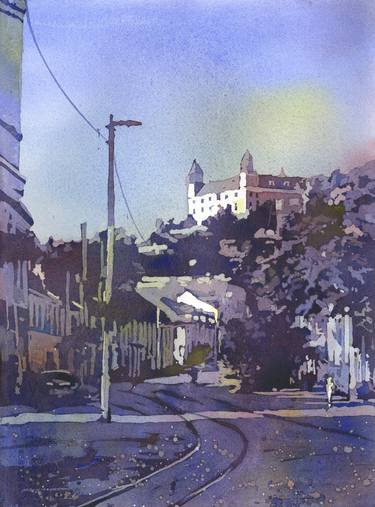 Watercolor landscape Bratislava Slovakia sunset painting thumb