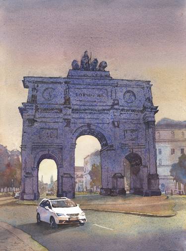Watercolor painting Munich Germany Arc de Triump cityscape thumb