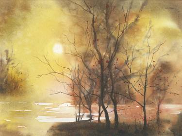 Colorful sunset landscape watercolor painting interior thumb