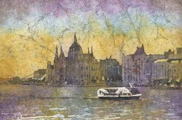 Watercolor landscape Budapest skyline Hungarian Parliament thumb