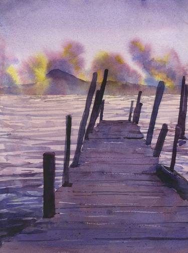 Watercolor landscape painting sunset Lake Atitlan Guatemala thumb