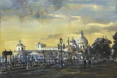 Watercolor painting Venice sunset landscape Italian decor thumb