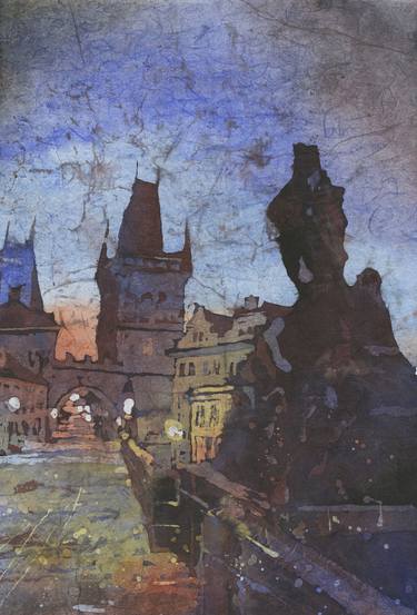 Watercolor batik St. Charles Bridge Prague Czech Republic art thumb