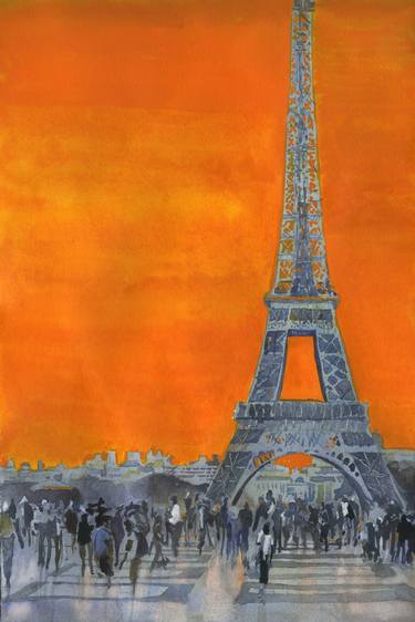 Eiffel Tower Paris France watercolor painting sunset art thumb