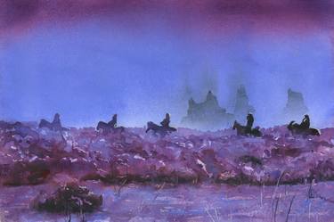 Watercolor landscape horses on beach Vik Iceland sunset artwork thumb