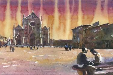 Watercolor sunset Florence Italy colorful artwork church thumb