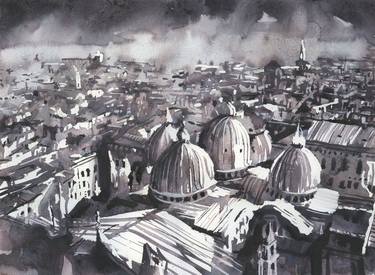 Venice Italy aerial cityscape painting monochromatic watercolor thumb