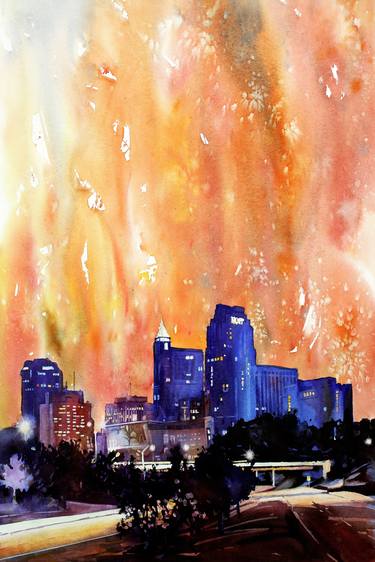 Colorful watercolor Raleigh, NC skyline sunset painting thumb