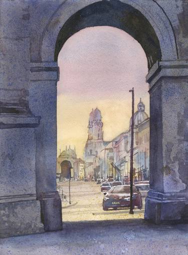 Watercolor painting Munich Germany Arch de Triumph thumb
