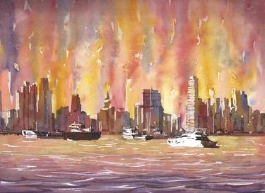 Panama City skyline and harbor at sunset watercolor landscape thumb