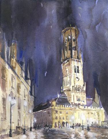 Watercolor painting Bruges belfry at night colorful cityscape thumb