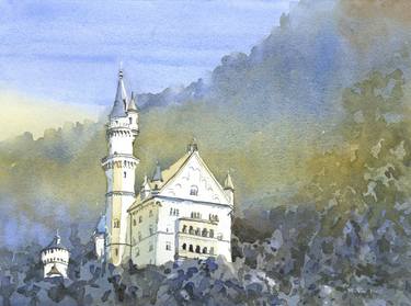 Watercolor painting Neuschwanstein Castle Germany landscape thumb
