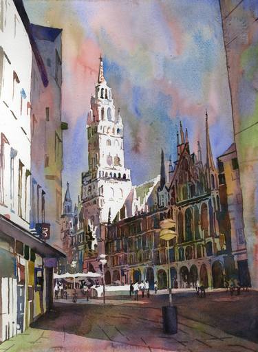 Watercolor painting Munich Germany skyline church trendy thumb