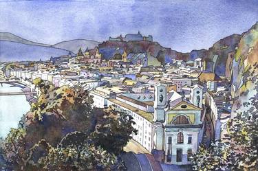 Salzburg skyline Austria colorful watercolor painting thumb