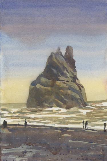 Black sand beach Iceland coastal watercolor painting sunset thumb