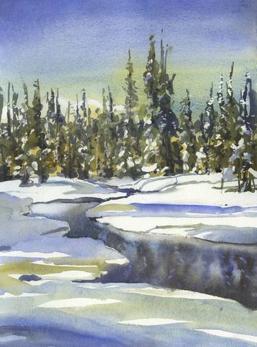 Winter landscape framed watercolor painting creek in forest thumb