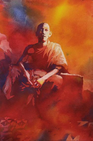 Buddhist monk in Wat Phnom Penh Cambodia SE Asia watercolor thumb