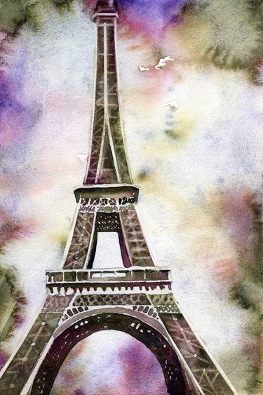 Eiffel Tower skyline Paris France colorful watercolor painting thumb