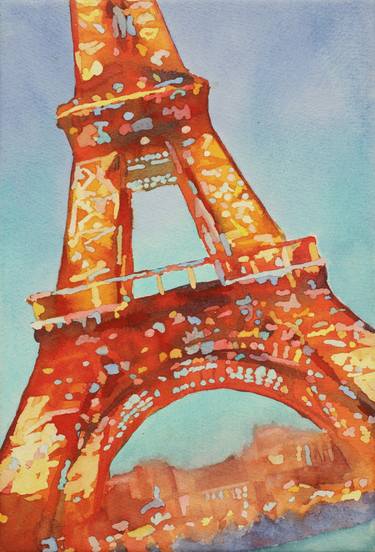 Eiffel Tower sunset painting fine art watercolor landscape Paris thumb