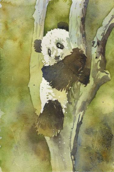 Panda bear in tree colorful watercolor landscape painting thumb