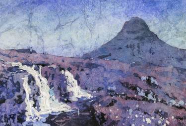 Kirkjufell mountain and waterfall watercolor batik landscape thumb