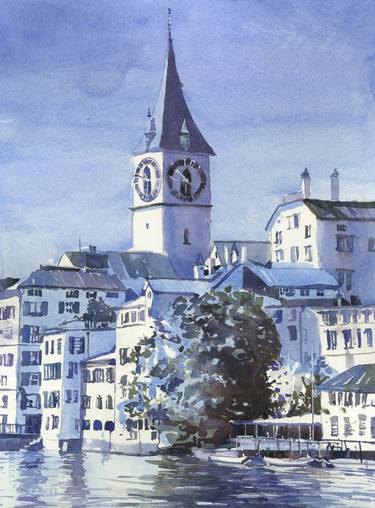 Colorful watercolor painting Zurich Switzerland skyline artwork thumb