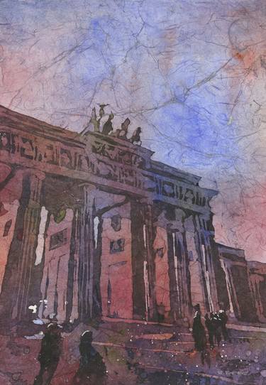 Brandenburg Gate watercolor batik painting Berlin Germany skyline thumb