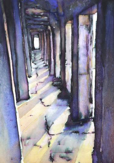 Angkor Wat hallway watercolor painting Cambodia archaeology ruins thumb