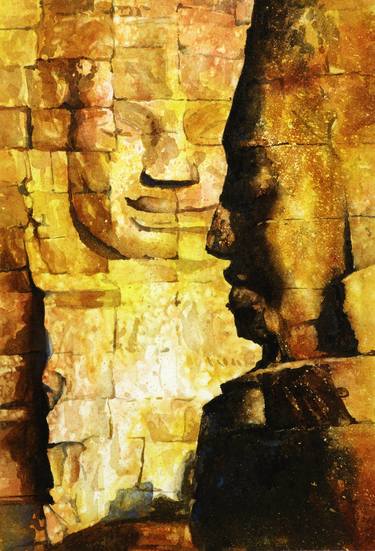 Bayon Temple Angkor Wat Cambodia fine art watercolor painting thumb