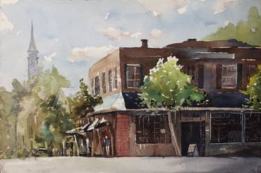 Cary NC downtown street scape watercolor painting North Carolina thumb