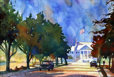 Cary North Carolina downtown watercolor landscape painting thumb