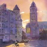 Kallio Church Helsinki Finland colorful sunset painting by Ryan Fox AWS NWS