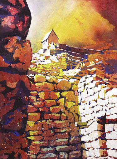Fine art poured watercolor painting of the Hut of the Caretaker at the UNESCO World Heritage Incan ruins of Machu Picchu- Sacred Valley, Peru thumb