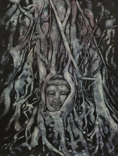 Watercolor painting of ruined Buddha head entwined in tree roots at Wat Mahathat in Ayutthaya- Thailand thumb