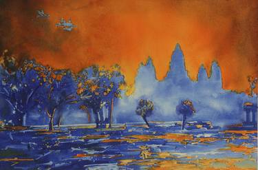 Fine art watercolor painting of prangs of ruined temple of Angkor Wat silhouetted at sunset- near Siem Reap, Cambodia thumb