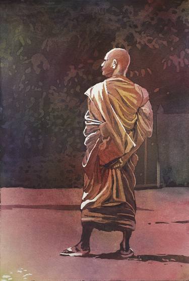 Buddhist monk in Cambodia- original watercolor painting thumb