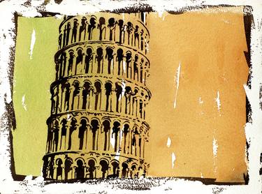 Fine art watercolor painting w/ faux photo borders of the campanile (bell-tower) of the Cathedral of Pisa- better known as the Leaning Tower of Pisa thumb