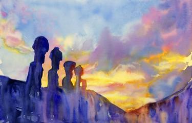 Fine art watercolor painting of UNESCO World Heritage ruins of Moai statues on Easter Island- Chile thumb